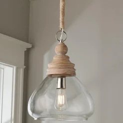 Pickled Wood and Clear Glass Pendant - Bell Glass
